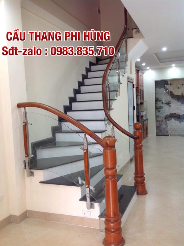 Cầu thang kính tay vịn gỗ, cầu thang kính tay vịn gỗ đẹp, cầu thang kính tay vịn gỗ tại Hà Nội