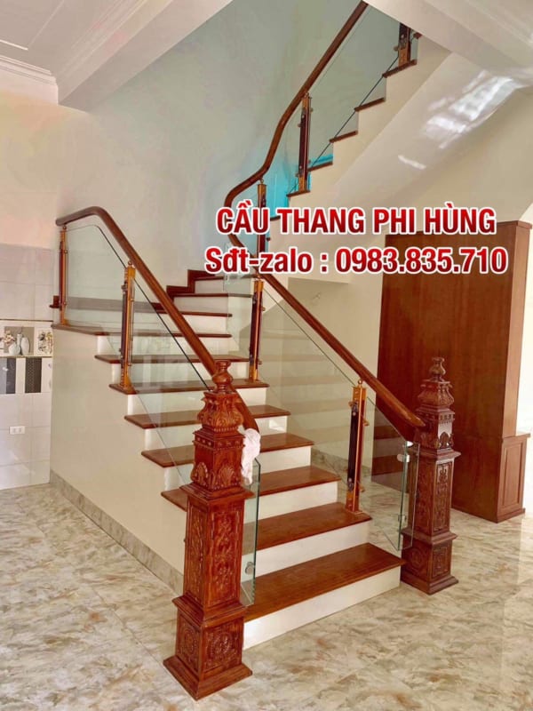 Cầu thang kính tay vịn gỗ, cầu thang kính gỗ, cầu thang kính đẹp. Cầu thang kính cường lực tại Hà Nội