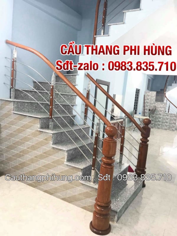 Báo giá cầu thang inox tay vịn gỗ, Cầu thang lan can inox tại Hà Nội
