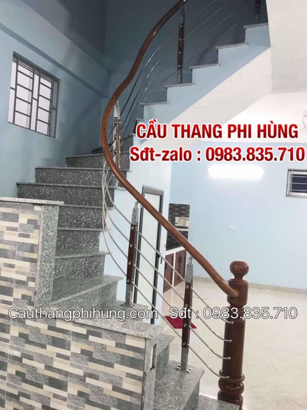 Các mẫu cầu thang inox hiện đại, Cầu thang inox tay vịn gỗ, Cầu thang inox tay vịn nhựa