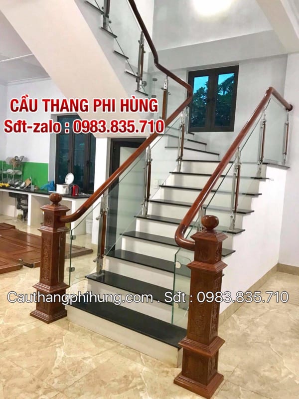 Báo giá cầu thang kính tay vịn gỗ, Cầu thang kính cường lực hiện đại