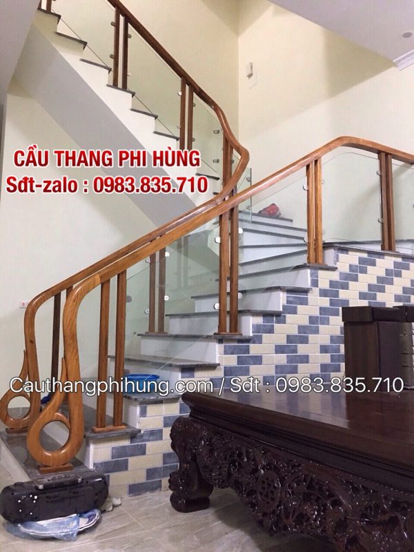 Cầu thang kính gỗ, Lan can cầu thang kính cường lực đẹp tại Hà Nội