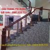 Lan can cầu thang kính tay vịn gỗ, Lan can cầu thang kính đẹp tay vịn inox